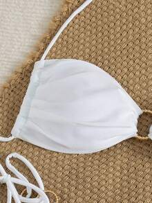 New Fashion Sexy Solid Color Bikini Set, Women's Halter Bra & Bikini Set Bottom Bikini Set Summer Beach Vacation White - White - View 4