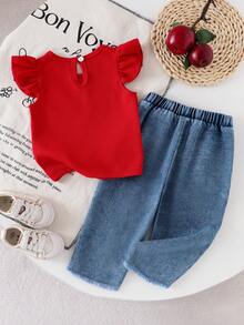 2pcs Baby Girls' Sweet Cute Round Neck Ruffle Sleeve Top & Casual Embroidered Bow Denim Pants Set, Summer - Red - View 2