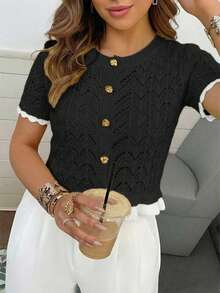Women's Spring/Summer New: Hollow Floral Pattern Ruffle Hem Short Sleeve Knit Top; Women's Spring/Summer New: Fashionable Elegant Solid Color Hollow Design Date Night Knit Cardigan; Casual Comfortable Versatile Ruffle Hem Metal Button Knit Top; Yellow Hollow Knit Top Black - Black - View 5