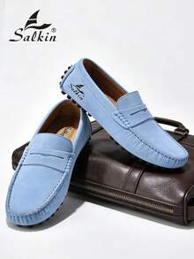 Salkin Designer Women's Slip-On Loafers, Nantucket Breeze Driving Shoes, Solid Soft Faux Suede Casual Flats, Budget-Friendly High-End Feel, Comfortable Breathable Studded Rubber Sole, Versatile Leather Shoes For Dresses, Jeans, Outdoor Walking, Suitable For Middle-Aged, Young, Students, Daily Wear, Spring/Summer/Fall, Plus Size - Sky Blue - View 3