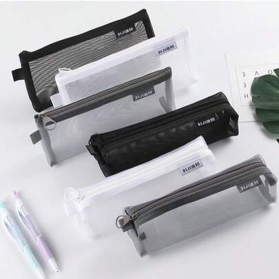 1pc Transparent Zipper Pencil Case/Makeup Bag, Nylon Mesh Pencil Pouch For School, Office Supplies, Cosmetics, Travel Accessories