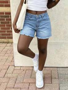 Women's Casual Loose Straight Leg Denim Shorts With Pockets Summer - Medium Wash - View 3
