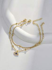 2pcs/Set Classic Fashion Summer Vacation Gold Devil's Eye Pendant Beaded Bracelet For Women (Bead Quantity Random) - Yellow Gold - View 7