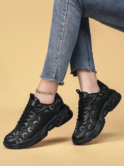 Women's Casual Sports Shoes, Breathable Mesh Sneakers, Non-Slip Leather Patchwork Running Shoes, Lightweight Fashionable Personalized Casual Shoes For Female Students, Outdoor, Party, Lolita Style, Suitable For All Seasons