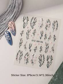 2片春季花叶美甲贴纸，5D立体浮雕浪漫樱花和梅花藤蔓美甲贴花，适合婚礼美甲装饰，女士及女孩美甲用品 - 彩色 - 查看 6