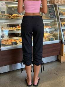 Women's Spring Summer Capri Pants Drawstring Cuff Solid Color Slim Fit Cropped Trousers - màu đen - Xem 6