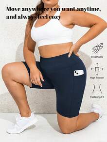 Plus Size Women's Lightweight Cycling Shorts, High Waist Fitness Running Stretchy Tummy Control Shorts With Pockets Sports - Navy Blue - View 6