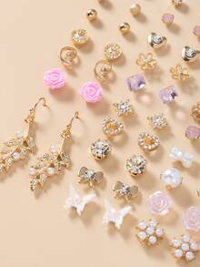 30 Pairs/Set Delicate Metal Tree, Shell, Pearl, Heart Shaped Earrings Gift Set For Women - Multicolor - View 4