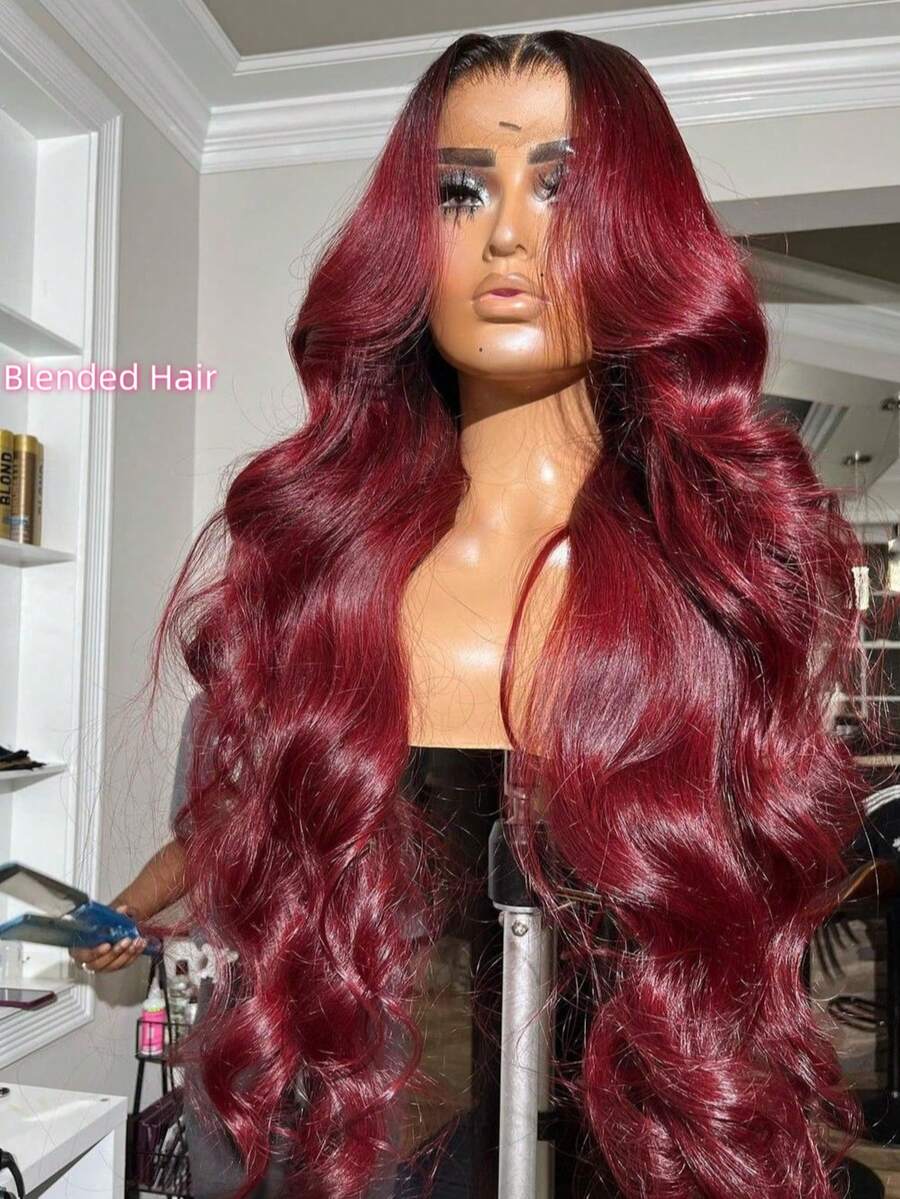200% 密度 99j 酒红色水波纹人发混纺假发 13X4 蕾丝前额假发 女士款 预先拔毛 5x5 预剪大面积无胶蕾丝闭合假发 日常派对假发 自然发际线假发