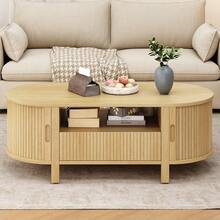ONBRILL Oak Oval Coffee Table, 47 Inch Fluted Coffee Tables With Cabinets & Sliding Doors, Mid-Century Modern Living Room Tables, Center Table With Storage And Wood Handle For Living Room, Home Small Space - cây sồi - Xem 3