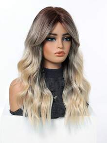 22英寸棕色至灰金色至金色渐变混色波浪卷发假发，女士款，机器制造，耐热合成假发，适合日常及约会之夜。 - 挑染金色 - 查看 3