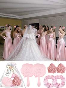 18/6/1件套婚礼派对礼品套装，优雅伴手礼套装，派对装饰，包含花朵发夹、花朵手镜、发圈、感谢卡、白色欧根纱袋，伴娘礼物，派对回礼，适合婚礼、生日、新娘送礼会，也是送给同事、朋友和家人的绝佳礼物。 - 多色 - 查看 3