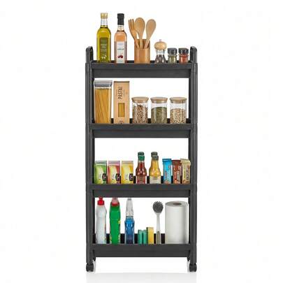  COSTWAY Slim Rolling Storage Cart, 4-Tier Bathroom Organizer With Handles And Wheels, Multifunctional Storage Trolley, Narrow Mobile Shelving Unit For Kitchen, Laundry Room And Office, Black