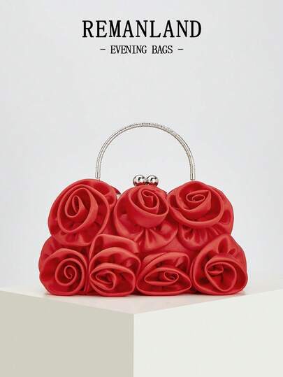 REMANLAND Satin Rose Flower Handbag, Elegant Lady Niche Bridal Clutch, Bridesmaid Shoulder Bag, Tready Party Bags, Perfect For Party, Wedding, Prom, Dinner/Banquet, Elegant Prom Bag, Exquisite Floral Bag For Women