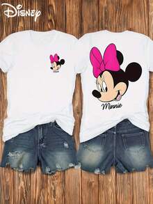 Disney  Minnie Mouse Cartoon Print Women'S Casual Short Sleeve T-Shirt, Soft Elastic Crew Neck, Front And Back Design, Regular Fit, Breathable Summer Top For Everyday Wear - 白色 - 查看 6