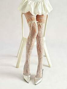 1 Pair, Sexy Women's Stockings, Women's Stockings, Black Tie Bow Fishing Net Stockings, Jacquard Mesh Stockings, Japanese Hollow Pantyhose, Millennium Style Mesh Stockings, Lace Pantyhose, White Hollow Stockings, Tie Stockings, Bow Tie Stockings, Spicy Style Stockings, Punk Style Stockings, Sexy Stockings, Sweet And Cool Style, Gothic Style, OL Outfit, COS Essential Artifact, Knee High Stockings, Long Stockings, Stockings, Black Stockings, Erotic Stockings, Very Suitable For Wearing In Summer - Multicolor - View 9