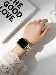 适用于苹果的金属链双仿珍珠表带，可调节表扣，兼容苹果38/40/41/42/44/45/46/49毫米表款，兼容苹果手表系列Ultra/11/10/9/8/7/6/5/4/3/2/1/SE，是生日派对、日常生活和节日礼物的理想之选。 - 粉色 - 查看 5