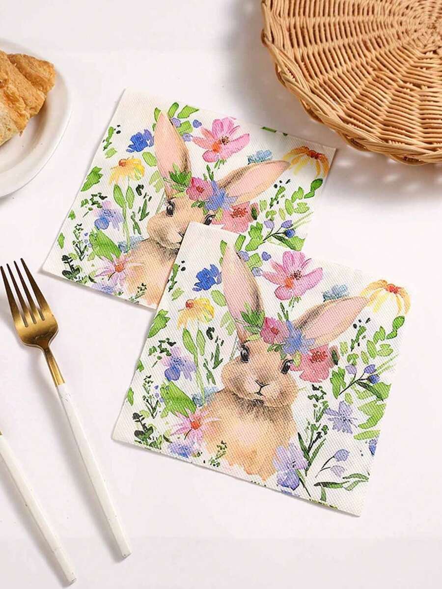 20pcs Easter Bunny Paper Napkins - 2-Layer Disposable Tableware With Cute Bunny, Eggs & Chick Design, Perfect For Holiday Celebrations & Festive Restaurant Decor, Festive Dining Accessory | Springtime Decor | Decorative Napkins - ZY-02 - View 1