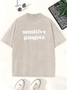 Sensitive Gangsta T Shirt Retro Washed T-Shirt Double Sided Printed 230 Pure Cotton T-Shirt Men's T-Shirt Men's Casual Comfortable Fashionable T-Shirt Street Style Cotton - 杏色 - 查看 1