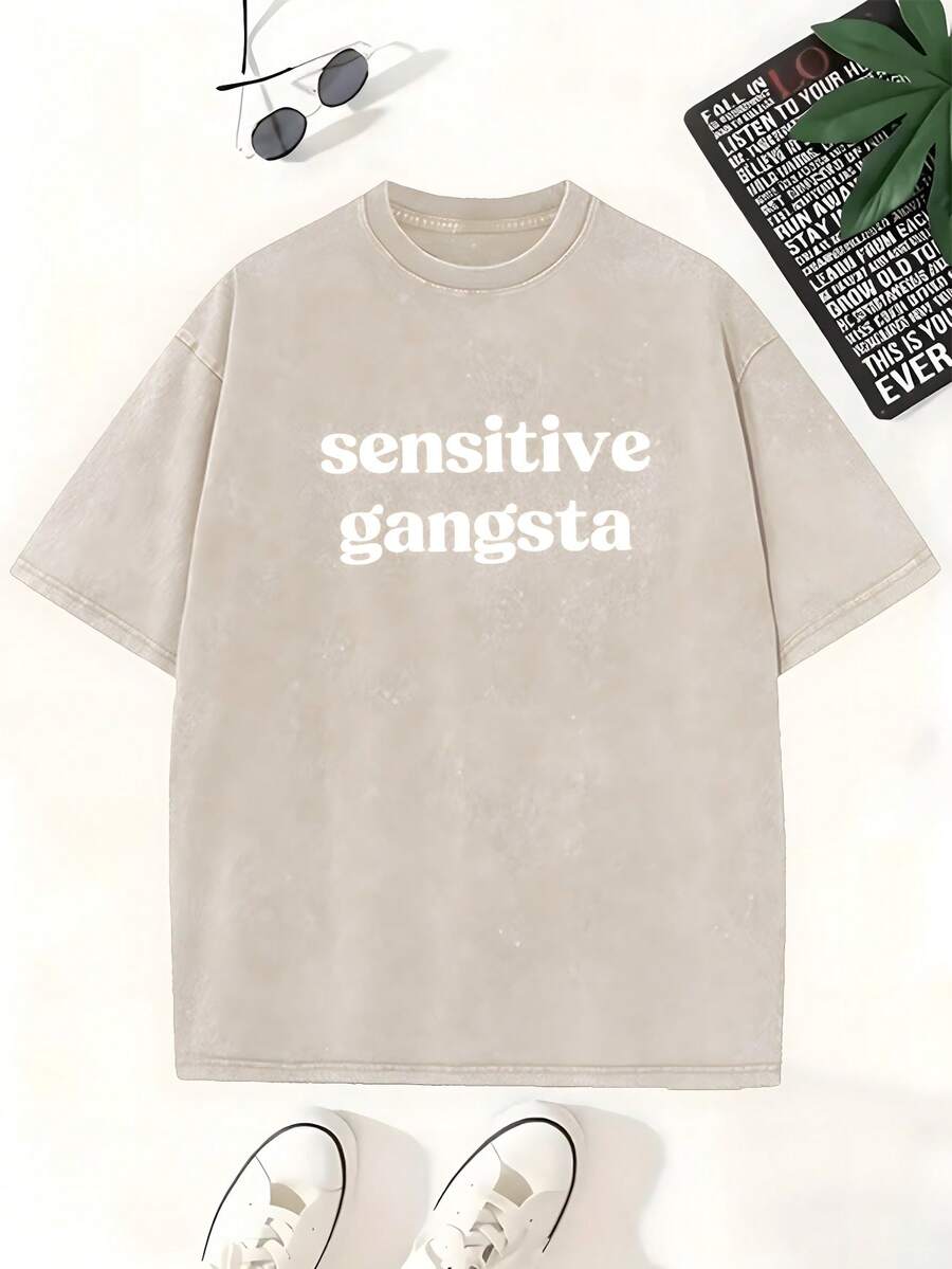 Sensitive Gangsta T Shirt Retro Washed T-Shirt Double Sided Printed 230 Pure Cotton T-Shirt Men's T-Shirt Men's Casual Comfortable Fashionable T-Shirt Street Style Cotton - 杏色 - 查看 1