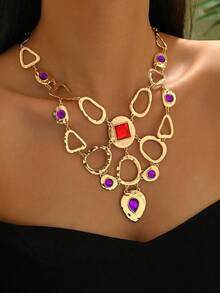 1 Stück übertriebene Farbblock geometrische Edelstein-Halskette, metallische asymmetrische Choker-Halskette, hochwertiges Abendkleid-Accessoire - Goldgelb + mehrfarbig - Übersicht 6