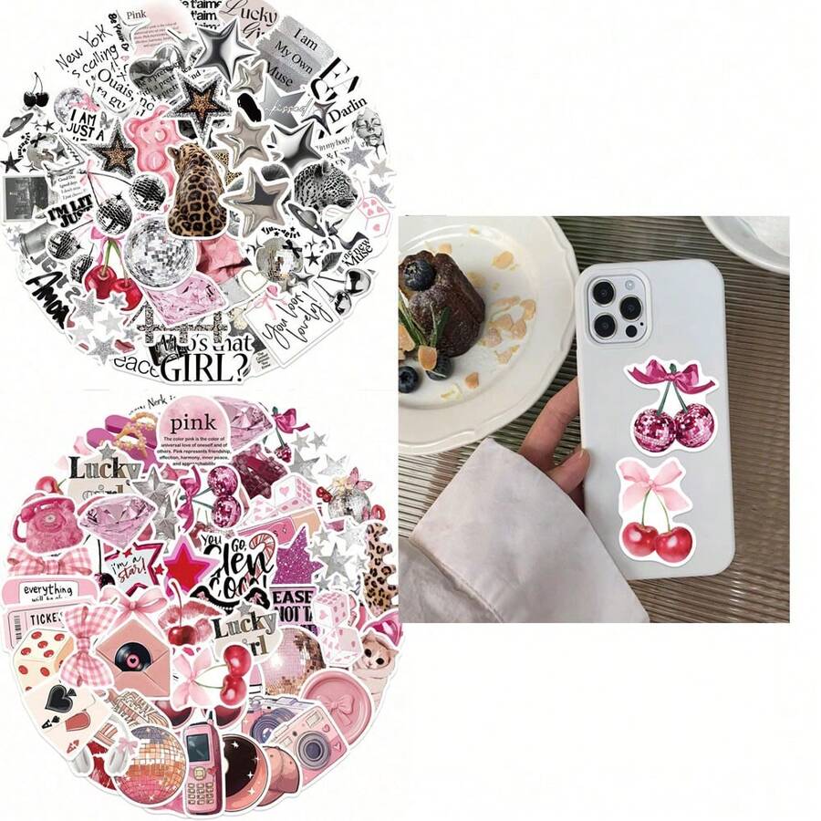 102张Y2K美学风格贴纸，包含都市女孩、黑白、豹纹、卡通、涂鸦图案等，适用于水瓶、吉他、行李箱、手机壳、笔记本电脑、滑板等，是绝佳的礼品装饰。 - 西瓜粉 - 查看 1