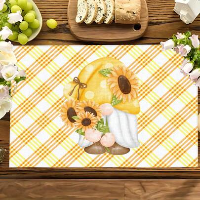1pc/4pcs/6pcs/8pcs Sunflower Gnome Pattern Linen Placemats, Suitable For Dining Table, All Season Decor, Modern Washable Table Mats, Room Decor, Coasters, Kitchen Dining Mats, Indoor Outdoor Party Decoration, Home Decor, Ideal Gift