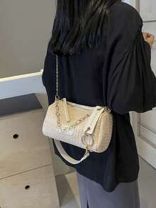 2026 New Arrival Niche Design Fashion Straw Handbag, Casual Versatile Chic Chain Shoulder Tote Bag - Beige - View 6