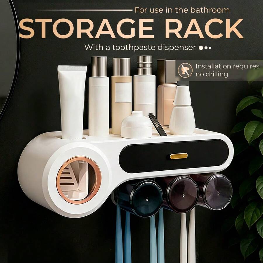 Smart Toothbrush Sterilizer (1 Unit) - USB Charging + Clock - 5-Slot Storage Brush Holder - Includes 2 Cups + Automatic Toothpaste Dispenser - Modern Bathroom Plastic Storage Rack For Dental Hygiene Essentials - Black - View 1