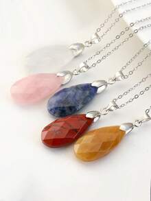 优雅多面切割水晶水滴吊坠项链，天然宝石颈链，搭配不锈钢链 - 彩色 - 查看 3