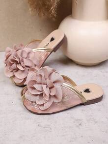 1 Pair Girls' Mesh Embroidered 3D Flower Peep-Toe Flat Sandals, Suitable For Spring And Summer, Princess Shoes - Coral Pink - View 3