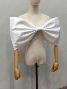 1pc White Satin Exaggerated Puff Bowknot White Bridal Shawl Accessory - Multicolor - View 5