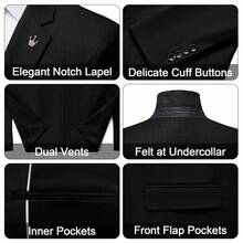 Mens Suits Slim Fit 3 Piece Tuxedo Suit One Button Solid Prom Wedding Party Blazer Vest Pants Set - màu đen - Xem 2