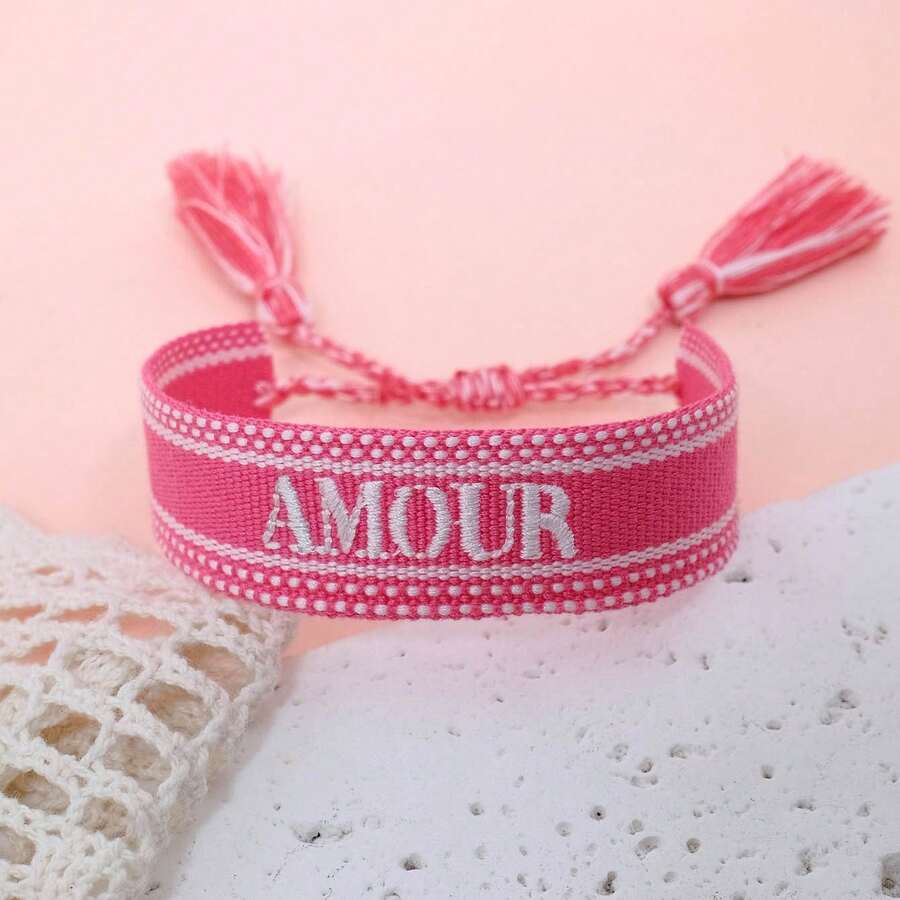 1 buah Gelang Buatan Tangan Bordir Gaya Vintage Prancis "AMOUR", Cocok untuk Pasangan, Hadiah Liburan, Tali Berkat - Berwarna merah muda - View 1