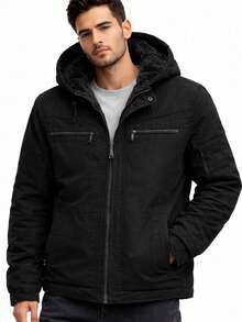 Men's Twill Jacket, Fully Lined With Faux Fur, With A Removable Hood. - Black - View 2