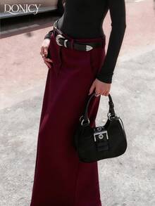 DONICY 女士纯色高腰直筒开衩铅笔裙，时尚复古优雅休闲百搭，适合日常穿着、商务场合、约会和聚会。 - 酒紅色 - 查看 4