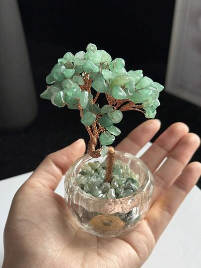 1pc Natural Crystal And Healing Stone Made Green Money Tree Decor, Home Office Decoration, Feng Shui Ornament