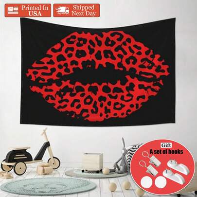 Large Leopard Print Lip Pattern Tapestry - Animal Print Peach Lightweight Fabric Poster Art Decoration, Suitable For Bedroom, Living Room, Dormitory - Bohemian Style Wall Decoration, No Battery / Power Supply Required, Polyester Decorative Wall Hanging, Suitable For Birthday, Wedding, Halloween, Christmas, Party, Father's Day, Mother's Day, Valentine's Day, Easter And Other Festivals.