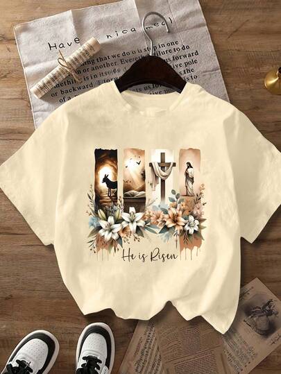 女士休闲复活节驴子、空墓、十字架、复活的耶稣、白百合和绿叶 - 复古插画圆领短袖T恤，适合春、夏、秋季穿着。