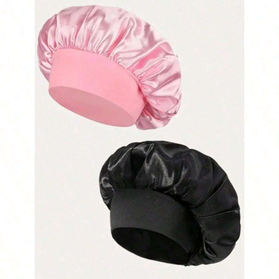 2pcs/1pc Silk Sleep Cap, Satin Hair Cap, Women Wide Brim High Elasticity Cap, Charmeuse Sleep Cap, High-End Satin Hair Care Cap, Curly Hair Silk Headband (Black & Gold) Hair Sleep Cap - 彩色 - 查看 1