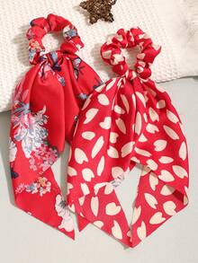 3件套缎面纯红色三角巾套装，长款飘逸头饰发饰，跑步旅行必备，马尾辫发圈，发绳，弹性发圈 - 大紅 - 查看 3