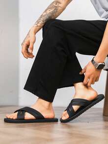 Premium Men's Slide Sandals, Niche Design Slip-On Slippers, Non-Slip Daily Casual Shoes, Rhombus Pattern Polyurethane Geometric Summer Beach Flip Flops - Black - View 6