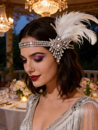 Tocado con plumas de cristal blanco brillante estilo años 20, adecuado para disfraces de fiestas; Tocado de plumas de cristal estilo art decó vintage, adecuado para bodas y galas; Elegante tocado de plumas estilo años 20, adecuado para Halloween y bailes de máscaras; Lujoso tocado de plumas de cristal, adecuado para novias y ocasiones formales