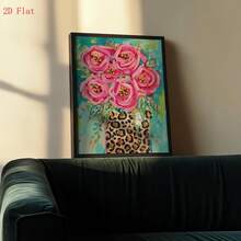 1 pieza de obra de arte de rosas rosas con un jarrón de leopardo: un diseño floral vibrante y colorido, perfecto para decoración con efecto dopamina. Esta pintura sobre lienzo sirve como decoración para el hogar y viene - negro - Ver 3