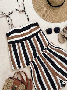 Third Introversion-Women's Spring/Summer Retro Color-Block Striped Top With Spaghetti Straps And Tie-Detail, Layered Blouse Paired With Matching Patterned Shorts - Multicolor - View 3