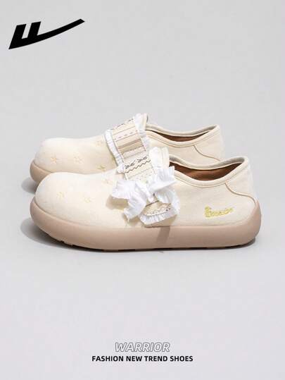  1 Pair WARRIOR Women's Thick Sole Lace-Up Soft Bottom Casual Shoes, Low-Top Outdoor Flat Shoes, Round Toe Low Heel Non-Slip Solid Color Elegant Soft Bottom Hiking Shoes, Suitable For Students, Graduation Photos, Flat Leather Face Skateboard Shoes