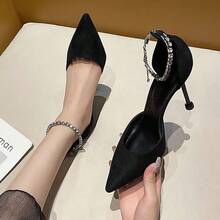 Zapatos de tacón para mujer Zapatos de salón negros de tacón alto, estilo francés, con punta afilada, adornos de cadena y tiras con pedrería, que presentan una silueta sofisticada y elegante. - Negro - Ver 2
