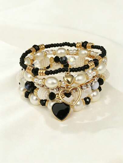 Set de 5 piezas de pulseras elegantes de estilo bohemio con perlas hechas a mano y cuentas en forma de corazón, pulseras apilables versátiles para mujer, adecuadas para uso diario, viajes y decoración (la cantidad de cuentas hechas a mano no es fija)