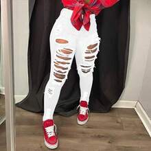 Jeans casuales y versátiles para uso diario de mujer con bolsillos y diseño desgastado con botones, color blanco para primavera - Blanco - Ver 6