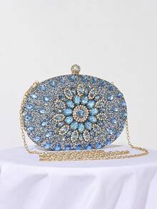 Women's Evening Bags Sparkly Rhinestone Clutch Purses Luxury Handbags | Sparkly, Rhinestone, Luxury, Sparkly, Rhinestone, Luxury - Sparkling Oval Purse With Convertible Gold Chain, Elegant Bridal & Prom Handbag For Weddings, Parties, And Formal Events - 藍色 - 查看 5